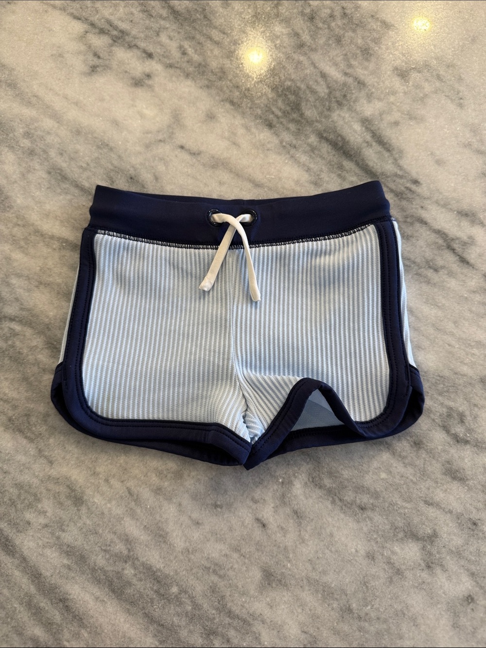 Light Blue Ribbed swim Shorts with Navy Trim